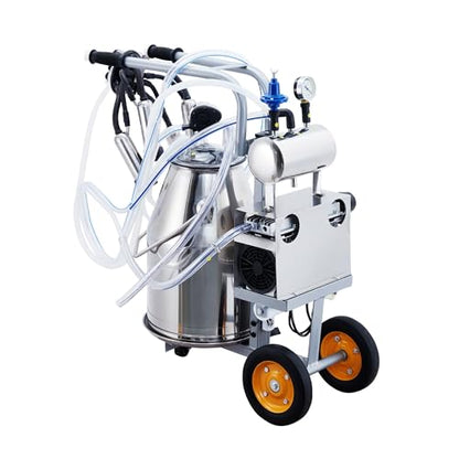 Electric Milking Machine for Cows, Farm Bucket Milker, Automatic Pulsation Vacuum Milker Machine with 25 L 304 Stainless Steel Bucket, Silicone Hose, Cleaning Brush