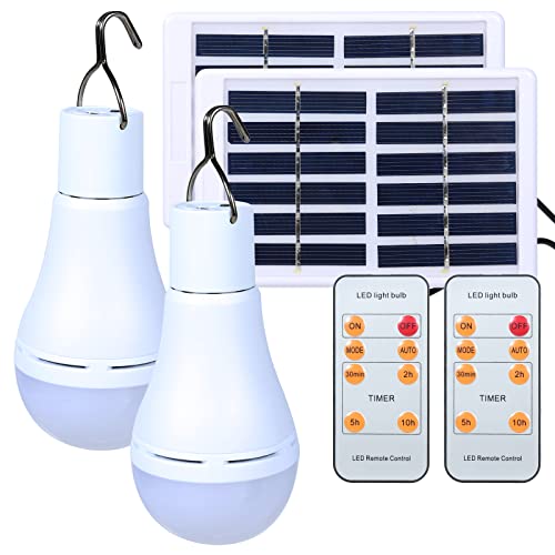 Solar Light Bulbs Rechargeable with Remote Timer, 4 Modes Solar Powered Lantern for Indoor&Outdoor Chicken Coop Hurricane Emergency Lighting Hiking Camping (White, 300lm-2pack)