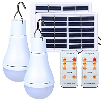 Solar Light Bulbs Rechargeable with Remote Timer, 4 Modes Solar Powered Lantern for Indoor&Outdoor Chicken Coop Hurricane Emergency Lighting Hiking Camping (White, 300lm-2pack)