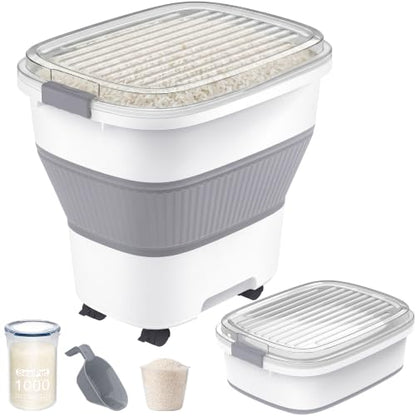 50 Lbs Rice Storage Container with Wheels, Collapsible Airtight Rice Holder with Transparent Lid, Measuring Cup, Scoop, Handle, BPA Free Food Storage Container for Pet Food, Grain, Bird Seed - color: Clear/50lbs