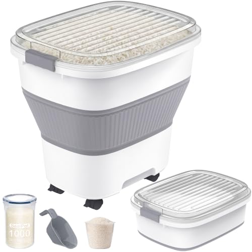 50 Lbs Rice Storage Container with Wheels, Collapsible Airtight Rice Holder with Transparent Lid, Measuring Cup, Scoop, Handle, BPA Free Food Storage Container for Pet Food, Grain, Bird Seed - color: Clear/50lbs