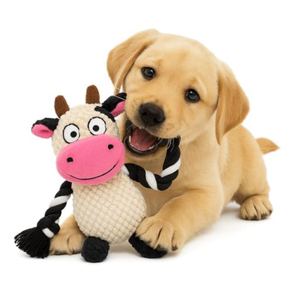Dog Toy with Rope Arms Dairy Cow, Squeaky Interactive Pet Toy, Purple, for Small & Medium Dogs - color: White & Pink