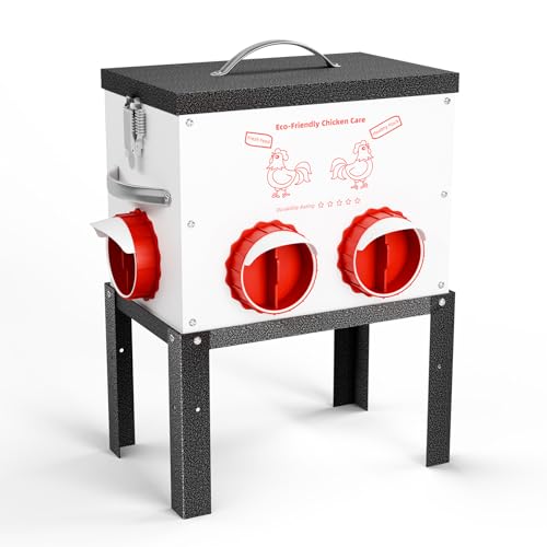 Automatic Chicken Feeder No Waste 35 Pounds 6 Ports Metal Poultry Feeder with Latch & Handle Adjustable Height Heavy-Duty Stand - Outdoor Feeding Station for Chickens, Ducks & Geese - color: Black-35LB-6Port