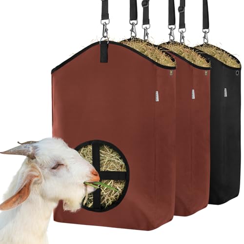 3 Packs Goat Hay Feeder,Hay Bags for Goats,Horses,Sheep,Premium 600D Oxford Cloth,with Metal Fastener and Adjustable Open Feed Hole for Slow Feeding - color: 2Brown + 1Black