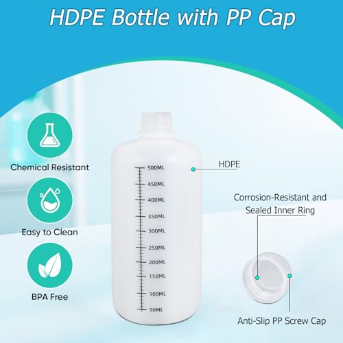 16oz/500ml Narrow Mouth Plastic Bottles with Caps, HDPE Laboratory Grade Graduated Liquid Containers for Reagent Sample Medicine Water Storage (Translucent, 4 Pcs) - size: 16 Ounces