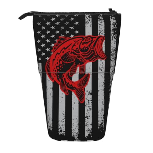 Fishing American flag Standing Pencil Case Cute Telescopic Stationary Pouch with Zipper Large Capacity Stand up Pen Bag Portable Makeup Holder for School Office Supplies - color: Fishing