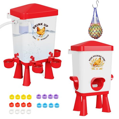 3 Gallon Chicken Feeder and Waterer Set, Large Chick Water with Automatic Float Valve, No Waste Poultry Feeding and Watering System, 4 Cups & 3 Ports, Chicken Coop Accessories for Pigeons Quail, Red