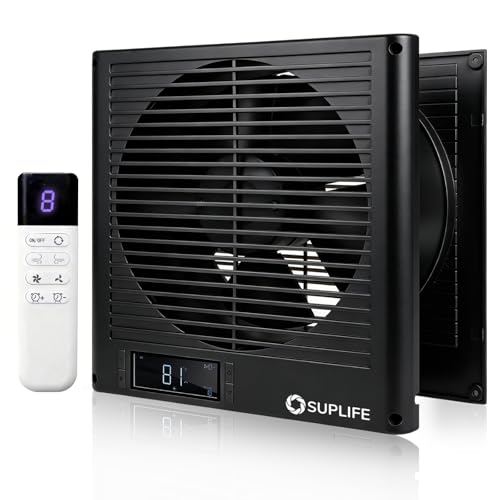 8" Room to Room Fan with Remote, Reversible Through Wall Fan for Quietly Circulating Air, 320 CFM Through the Wall Fan with Temperature Control, Durable Build Quality, In Wall Fan for Closet, Laundry - color: Black