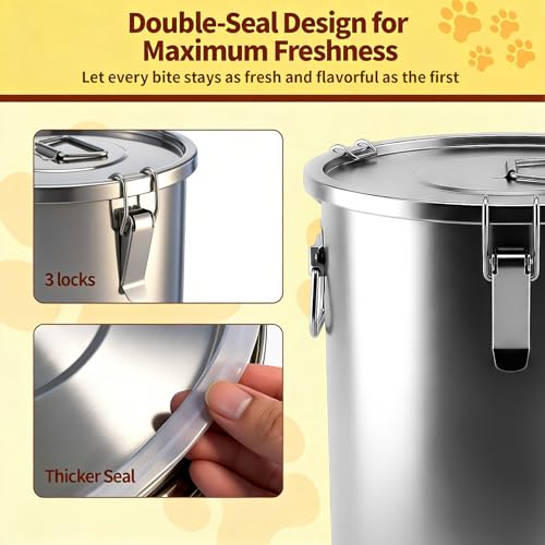 304 Stainless Steel Dog Food Storage Container, 25LB/30LB Airtight Pet Food Container with Locking Lid & Silicone Seal, Large Metal Food Storage Bin for Dry Dog/Cat Food, Rice, Flour (25 LBS) - size: 25 LBS