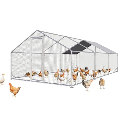 Aoxun Large Metal Chicken Coop, Outdoor Chicken Runs for Yard with Cover, Spire Roof Hen House Enclosure with Security Lock, Walk-in Cage Peak Hen House for Yard Farm (10x20x6.4 FT) - size: 240.0"L x 120.0"W x 76.8"H