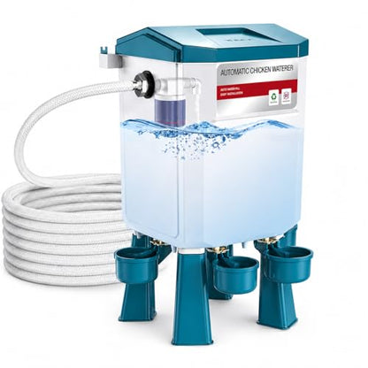 Automatic Chicken Waterer 2 Gallons, Chicken Water Feeder with Float Valve & 4 Water Cups, 13FT Hose Poultry Waterer System, Chicken Coop Water Dispenser for Chickens Ducks Quail Turkey (Blue, 2 GAL) - color: Blue