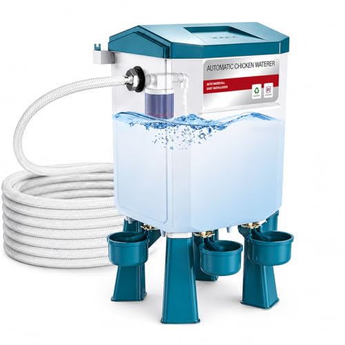 Automatic Chicken Waterer 2 Gallons, Chicken Water Feeder with Float Valve & 4 Water Cups, 13FT Hose Poultry Waterer System, Chicken Coop Water Dispenser for Chickens Ducks Quail Turkey (Blue, 2 GAL) - color: Blue