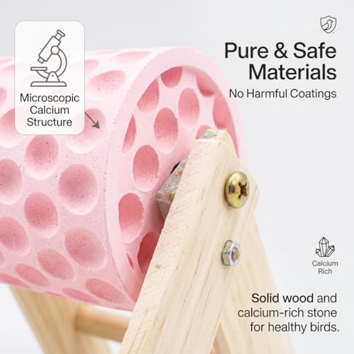 Hens Coop Accessories, Pink Beak Grinding Calcium Stone with Wooden Stand for Chicken Toys, Healthy Pecking Toy for Birds Ducks Geese Turkeys in Backyard