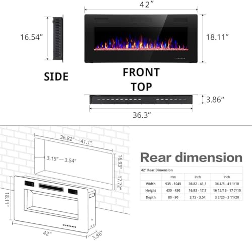 R.W.FLAME 42IN Recessed and Wall Mounted, The Thinnest Fireplace, Low Noise, Fit for 2 x 6 and 2 x 4 Stud, Remote Control with Timer, Touch Screen, Adjustable Flame Color and Speed - size: 42"