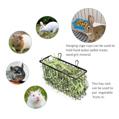 Hay Feeder for Rabbit Guinea Pig Chinchilla Small Animal Bunny Hanging Feeder for Cage Heavy Duty Metal Rack Timothy Veggie Holder (hay feeder*1 + food water cage cup *4 + Pet Teeth Grinding Stone*1) - size: 1* hay feeder + 4 * hanging cage bowls
