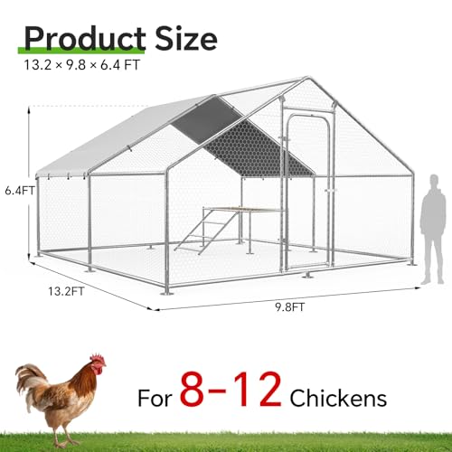 Large Metal Chicken Coop with Roosting Ladder, UV-Resistant and Waterproof Cover, Outdoor Walk-in Cage Hen House for Yard Farm Rabbit Duck Chicken Run, Spire Roof (13.1'W x 9.8'L x 6.4'H) - size: 157.5"L x 118.0"W x 78.0"H