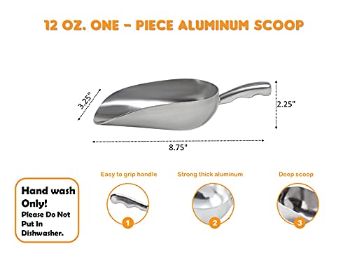 Cast Aluminum Utility Scoop - 12 oz. - Round Bottom, ice scoop For Multi-Purpose Use, With Finger Groove Handle (Hand Wash Only) (12 oz.) - size: 12 oz