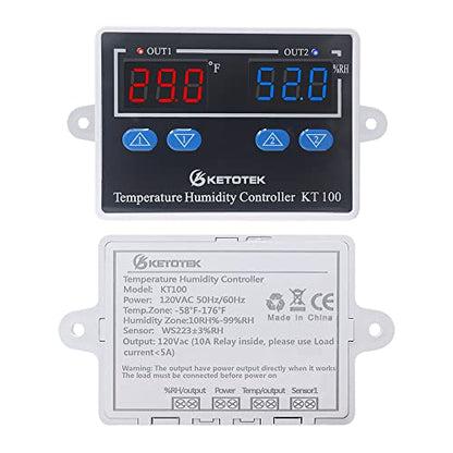 KETOTEK Temperature Humidity Controller Digital Thermostat Module 120V, Heating Cooling Humidification and dehumidification Control 110V 10A, Fahrenheit Display