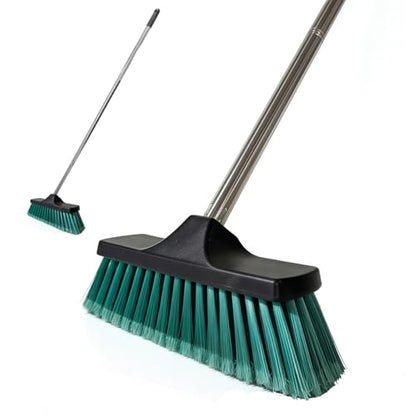 Small Floor Scrub Brush with 4-Section Stainless Steel Handle, 52" Adjustable Long Handle, 5-Row Dense Flagged Bristles, for Tile, Bathroom, Patio, Indoor & Outdoor Cleaning (Black+Green)