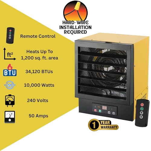 Dura Heat 240 Volt Hard-Wired Garage Heater, Remote, 10,000 Watt - EWH9615 | NO PLUG Hardwired Install Required, 2 Power Setting, Steel Body, Heat up to 1,200 sq ft, Thermostat, Wall & Ceiling Mount