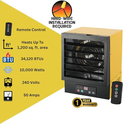 Dura Heat 240 Volt Hard-Wired Garage Heater, Remote, 10,000 Watt - EWH9615 | NO PLUG Hardwired Install Required, 2 Power Setting, Steel Body, Heat up to 1,200 sq ft, Thermostat, Wall & Ceiling Mount