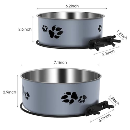 Kennel Water Bowl, ShineMe Stainless Steel Pet Food and Water Feeder Dishes - Attachable Dog Crate Bowls Hanging 2 Pack No Spill for Medium & Large Dogs (7.1x2.9” & 6.2x2.6”) - color: Grey, size: L (54oz+34oz)