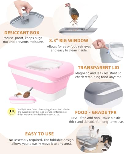10-13Lbs Airtight Dog Food Storage Container,Collapsible Pet Food Storage | Dog Food Container with Double Airtight Seal,Cat Food Container Dry Food Fresh,Space Saving,Pest/Mouse-proof,Scoop - color: Pink/10-13 Lbs