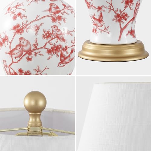 JONATHAN Y 24" White/Red French Country Ceramic Floral Urn Table Lamp, White Linen Shade, Chinoiserie Ginger Jar Bedside Lamp for Living Room Bedroom, LED Bulb (JYL3009C) - color: White/Red