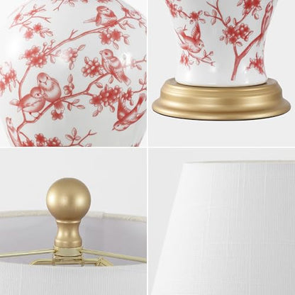 JONATHAN Y 24" White/Red French Country Ceramic Floral Urn Table Lamp, White Linen Shade, Chinoiserie Ginger Jar Bedside Lamp for Living Room Bedroom, LED Bulb (JYL3009C) - color: White/Red