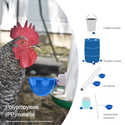 Chicken Waterer Cups, 8 Packs Blue Large Chicken Watering Cups, Automatic Chicken Water Cups, Tee Fittings Poultry Feeder Cups Suitable for Chicken, Duck, Goose, Turkey with Mounting Hole Opener - color: blue