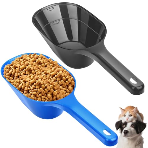 2 Pack Dog Food Scoop, 1 Cup Pet Food Scoop With Measuring Lines (Black and Blue) - color: Black and Blue