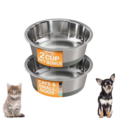 Neater Pet Brands Stainless Steel Dog Bowls with Non-Slip Rubber Bottom – 2 Cup (16 oz), Gray - Set of 2 Heavy Duty Metal Dog Bowls, Dishwasher Safe, Food or Water Bowl, Ideal for Small Dogs & Cats - color: Gray, size: 2 Cup (Set of 2)