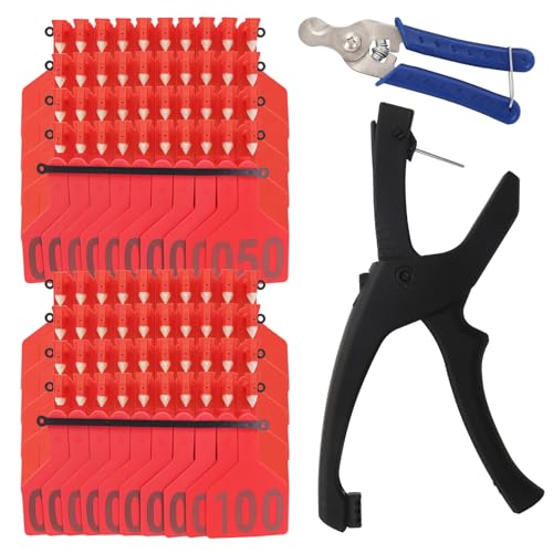 100Pcs Z Tags One-Piece Cattle Ear Tags TPU Blank Livestock Animal Identification with Professional Animal Ear tag applicator for Cattle,Sheep Goat, Pig (Red, 001-100) - color: Red, size: 001-100