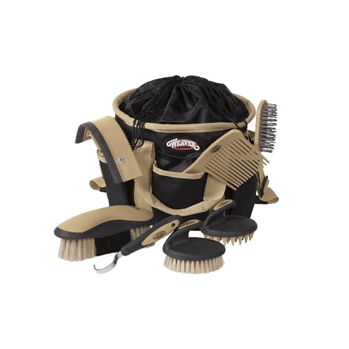 Weaver Equine Horse Grooming Kit, 7-Piece Horse Brush Set with Organizer Tote Bag, Hoof Pick, Comb, Sweat Scraper, Equine Tools for Daily Grooming, Black/Beige - color: Black/Beige