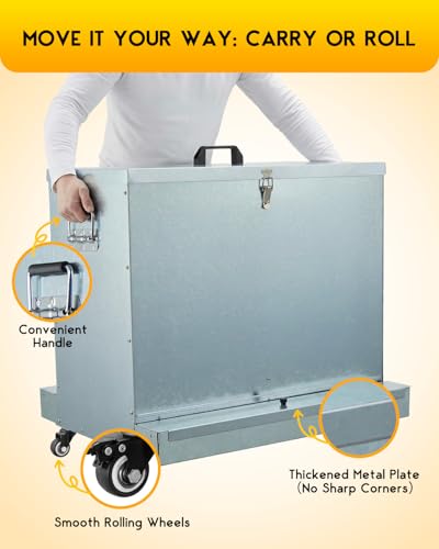 85lbs Metal Chicken Feeder on Wheels, Magicfly Automatic Large Chicken Feeders No Waste Feed Box Poultry Feeder with Latch and Handle, Oyster & Grit Trough for Ducks, Turkeys & Chickens