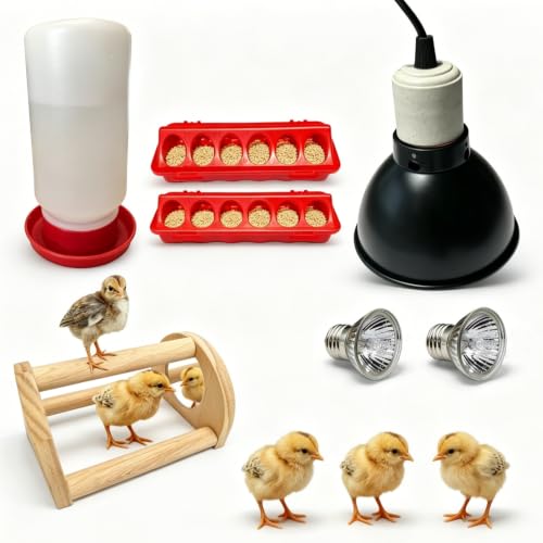 Chick Starter Kit with 75w Heat Lamp, 5-in-1 Baby Chicken Brooder Supplies, Feeder & Waterer Set, Perch with Mirror for Coop Brooder Poultry Duck Quail Bird