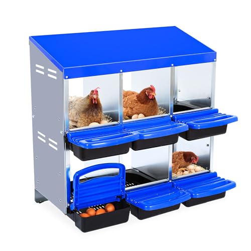 Chicken Nesting Box 6-Hole Roll Away Egg Laying Box with Lid, Galvanized Steel Rustproof Poultry Coop Box, Wall Mountable No Bracket Needed for Hens, Blue - color: Blue, size: 6 holes