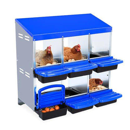 Chicken Nesting Box 6-Hole Roll Away Egg Laying Box with Lid, Galvanized Steel Rustproof Poultry Coop Box, Wall Mountable No Bracket Needed for Hens, Blue - color: Blue, size: 6 holes