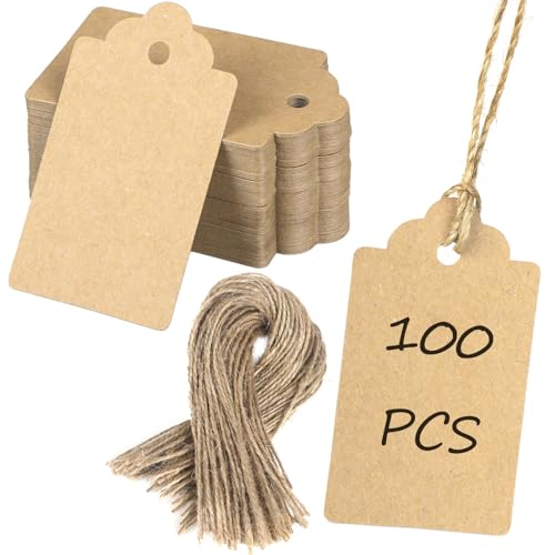 Uniclife 100 Pcs Kraft Paper Tags with String Writable Brown Price Tags with Jute Twine Hang Tag for DIY Crafts Clothing Christmas Wedding Birthday Blank Merchandise Marking Tag, 2 3/4" x 1 1/2" - color: Brown