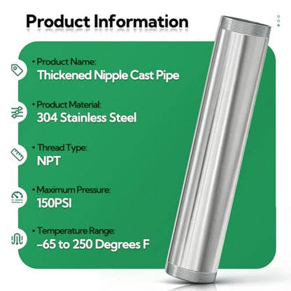 TAISHER 1PCS Stainless Steel Pipe Fittings, 1-1/2" NPT Male x 1-1/2" NPT Male Threaded, 12" Length Nipple Cast Pipe - size: 1-1/2" MNPT 1pcs