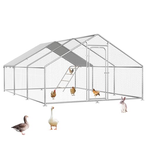 Large Metal Chicken Coop Run with Roosting Perch, Outdoor Waterproof & UV-Resistant Cover for Chickens, Ducks, Rabbits, and Hens in Yard or Farm Use Spire Roof (13.1'Wx19.7'Lx 6.5'H) - size: 236.0"L x 157.5"W x 78.0"H