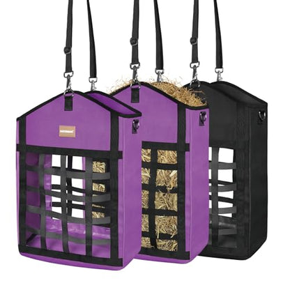 Innovative Hay Bags for Horses, Goat Hay Feeder with Reinforced Oxford Fabric and High Strength Metal Clasp,Horse Feeding Supplies with Adjustable Strap for Easy Hanging (2Purple+1Black)