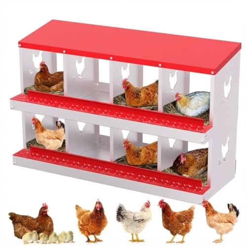 Chicken Nesting Box,8 Holes Galvanized Steel Metal Chicken Laying Box with Automatic Roll-Away Egg Collection System & Removable Tray,Wall Mount Nesting Boxes - color: Red, size: 8 Holes