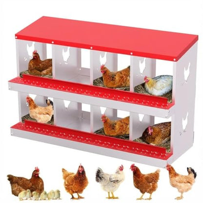 Chicken Nesting Box,8 Holes Galvanized Steel Metal Chicken Laying Box with Automatic Roll-Away Egg Collection System & Removable Tray,Wall Mount Nesting Boxes - color: Red, size: 8 Holes