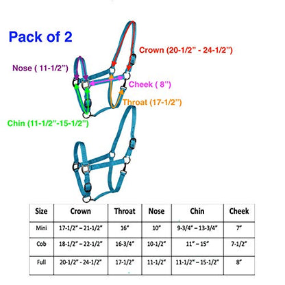 Majestic Ally Pack of 2 Adjustable Halter for Horses–Adjustable Chin and Crown– Sewn-in Throat Snap Hook- Heavy Duty Rose Gold or Black Nickel Finish Hardware–Full - color: Royal Blue