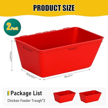 2 Pack Chicken Feeder Waterer 2.5 Quart Hanging Poultry Feeders Trough | Versatile Chicken Feeding Container with Hooks for Duck Goose Rabbit Duck Feeder Poultry and Livestock Water Trough（Red） - color: Red
