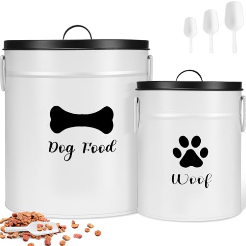 DoubleFill Extra Large 23+10 lb Metal Dog Food Storage Containers Set of 2 Airtight Dog Treat Snack Jars with Lids and Spoon Farm House Style Big Pet Cookie Jar for Kitchen Counter Gift - color: White, size: Extra Large 23+10 lb