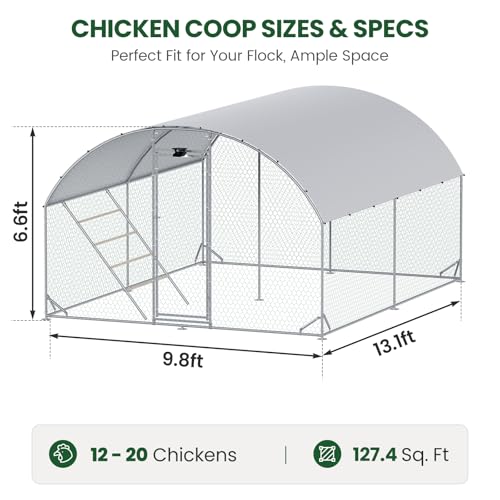 CHIKENCOOP 13x6.5x6.6ft Metal Chicken Coop, Full-Top 2-Room Chicken Run | Two-room walk-in chicken run with full-top waterproof UV-resistant cover, solar light, support brackets, and rear poles - size: 159.0"L x 118.0"W x 78.0"H