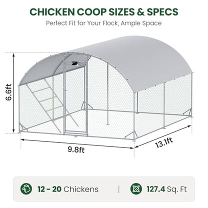 CHIKENCOOP 13x6.5x6.6ft Metal Chicken Coop, Full-Top 2-Room Chicken Run | Two-room walk-in chicken run with full-top waterproof UV-resistant cover, solar light, support brackets, and rear poles - size: 159.0"L x 118.0"W x 78.0"H