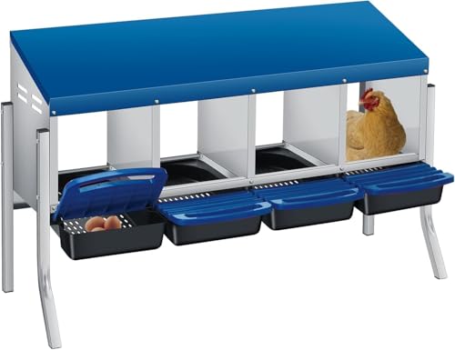 Nesting Boxes for Chickens, 4 Holes Weatherproof Metal Chicken Egg Laying Box with Removable Tray & Automatic Rollout Egg Collection, Roll Away Nesting Box Easy Clean & Quick Assemble for Hens Coop - color: Blue, size: blue 4 holes with legs